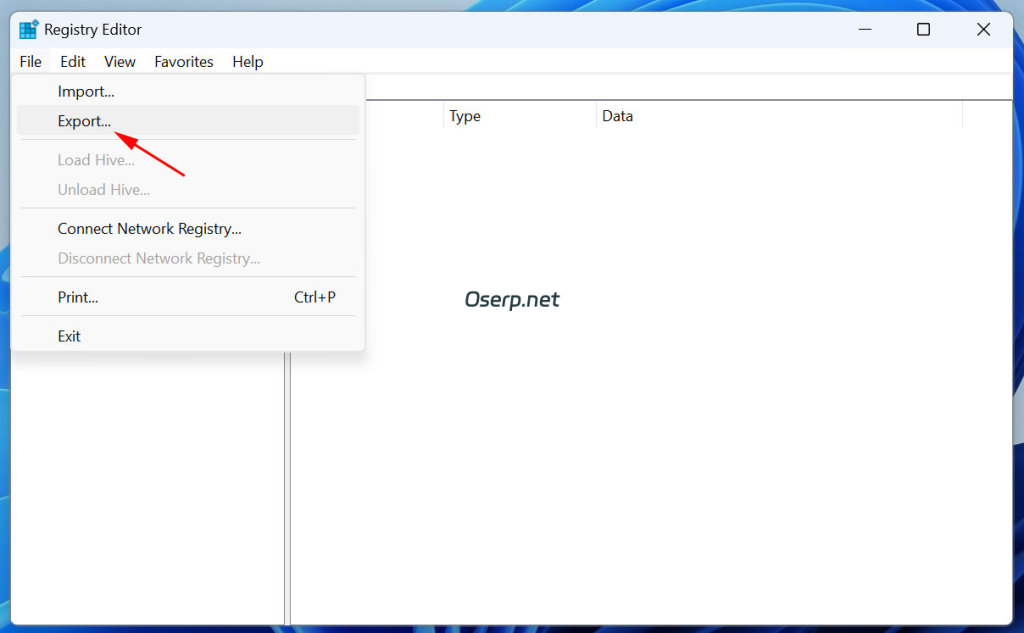 在 Windows 注册表编辑器中选择“导出”选项。